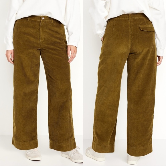 Old Navy Women’s Corduroy High Rise Wide Leg Trouser Pants Boho Satin Moss 10P - Picture 1 of 16